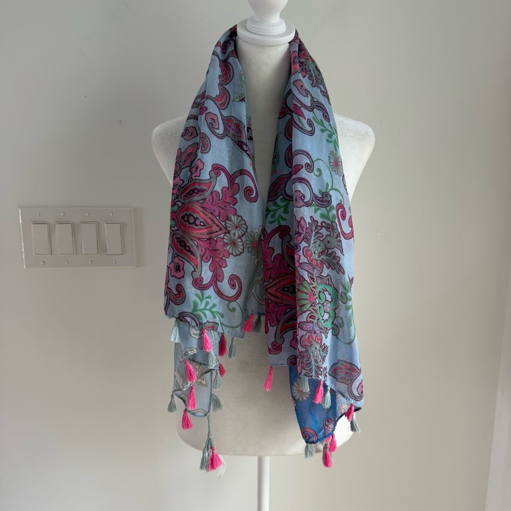 Do Everything In Love Boho Scarf With Tassels Blue Pink Scarf